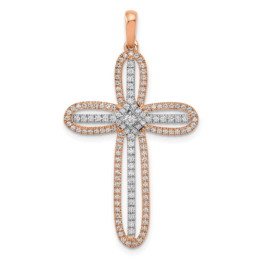 Solid 14k Two-tone White and Rose Gold Simulated CZ Cross Pendant