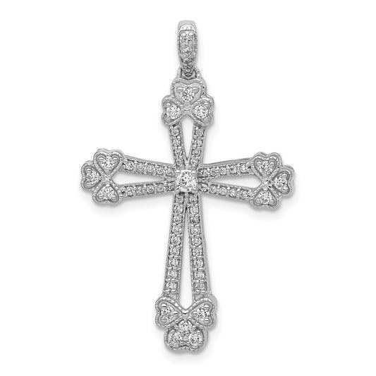 Solid 14k White Gold 3/8ct. Simulated CZ Budded Cross Pendant