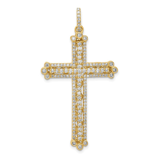 14K Yellow Gold Real Diamond Budded Cross Pendant