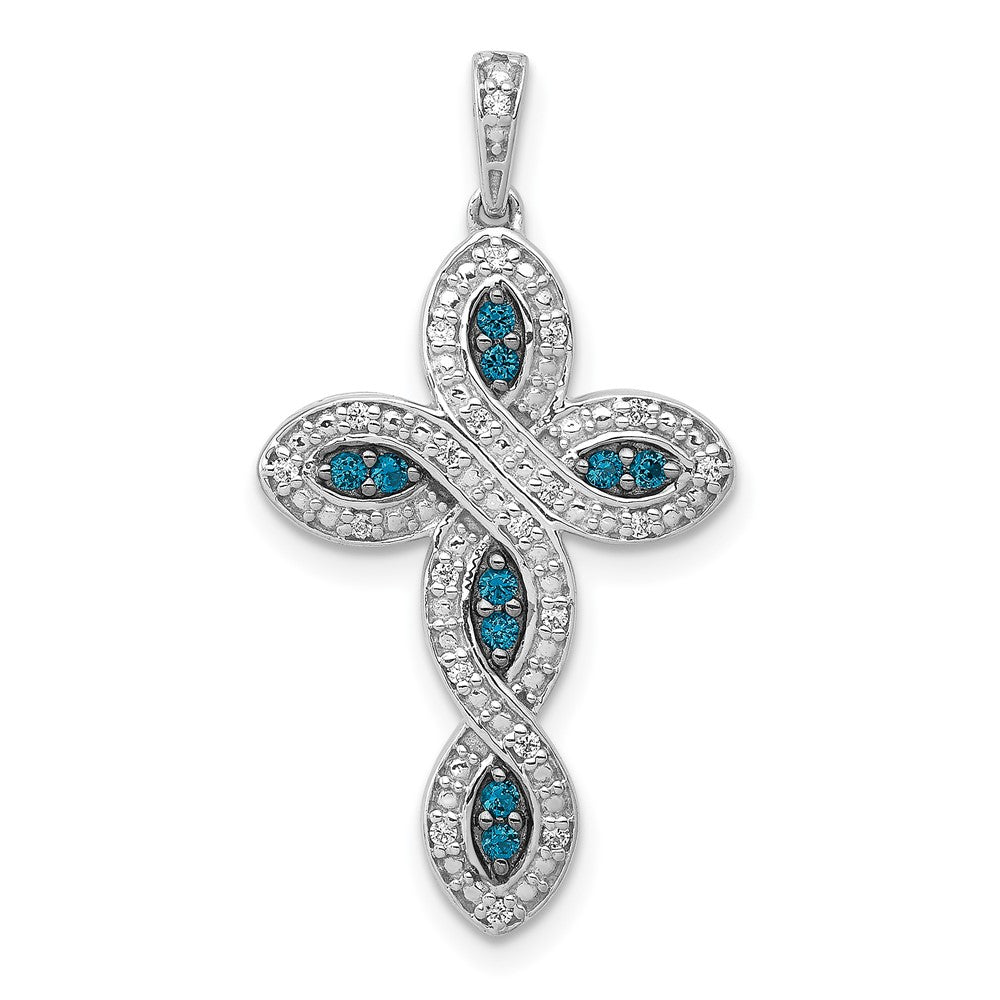 Solid 14k White Gold and Blue Simulated CZ Cross Pendant