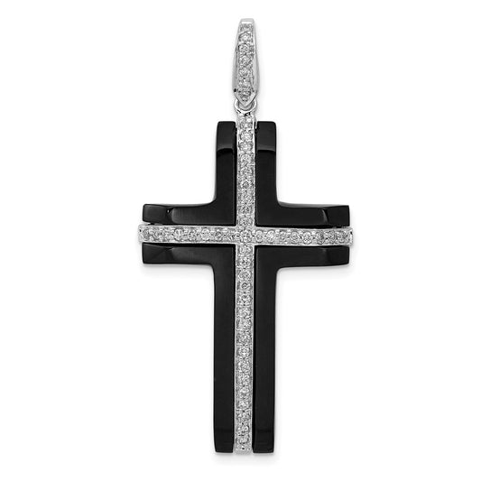 14k White Gold 1/4ct. Real Diamond and Onyx Cross Pendant