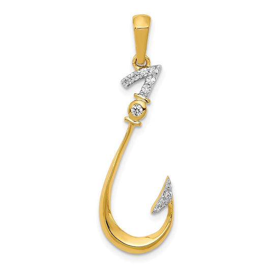 14K Yellow Gold Real Diamond Fish Hook Pendant