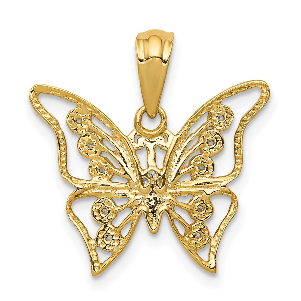 14k Yellow Gold and Rhodium Real Diamond Butterfly Pendant