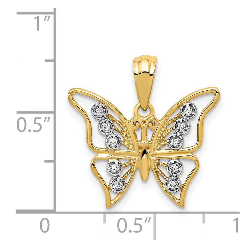 Solid 14k Yellow & Rhodium and Simulated CZ Butterfly Pendant