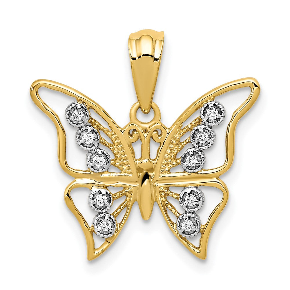 Solid 14k Yellow & Rhodium and Simulated CZ Butterfly Pendant