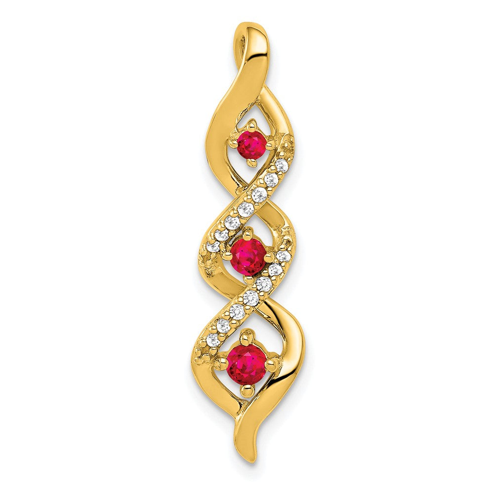 14K Yellow Gold Real Diamond and .25 Ruby Twisted 3-stone Chain Slide