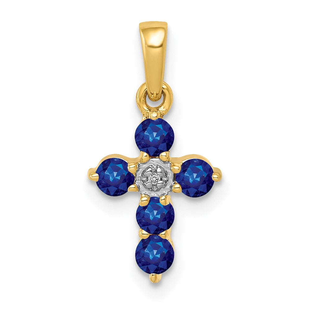 14K Yellow Gold Sapphire and Real Diamond Cross Pendant