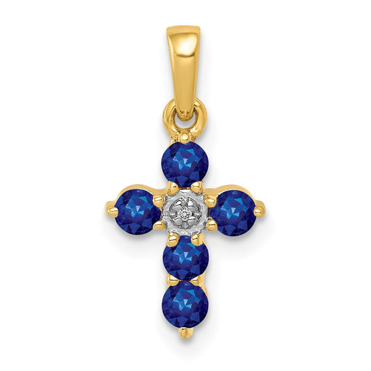 14K Yellow Gold Sapphire and Real Diamond Cross Pendant