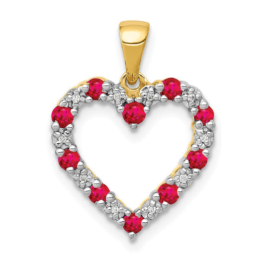 14K Yellow Gold Real Diamond and .35 Ruby Heart Pendant