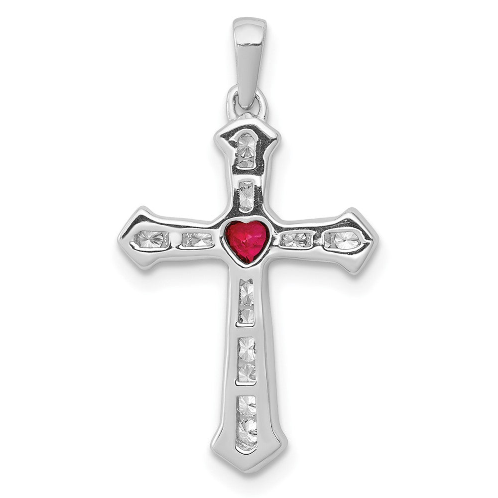 14k White Gold Ruby and Real Diamond Heart Cross Pendant