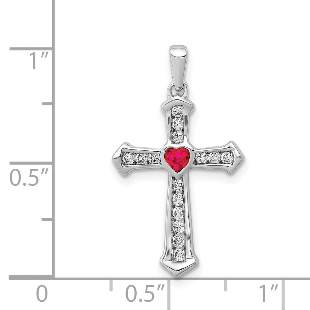 14k White Gold Ruby and Real Diamond Heart Cross Pendant