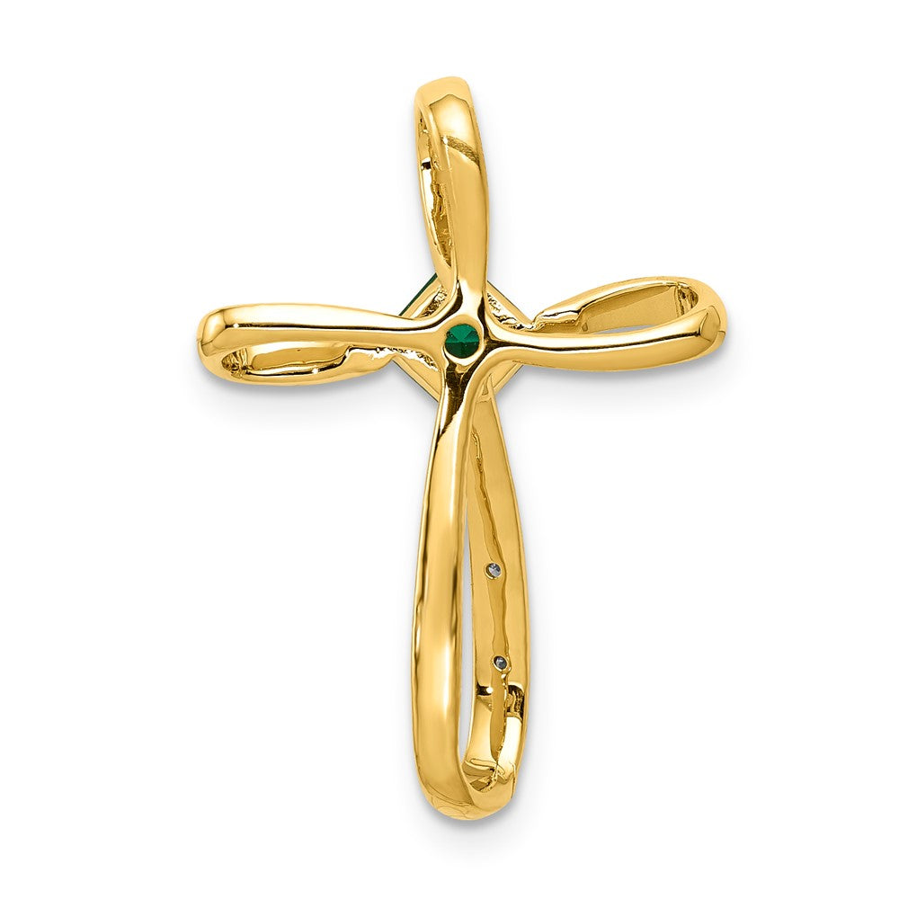 14k Yellow Gold w/Rhodium Lab Created Emerald and Real Diamond Cross Slide