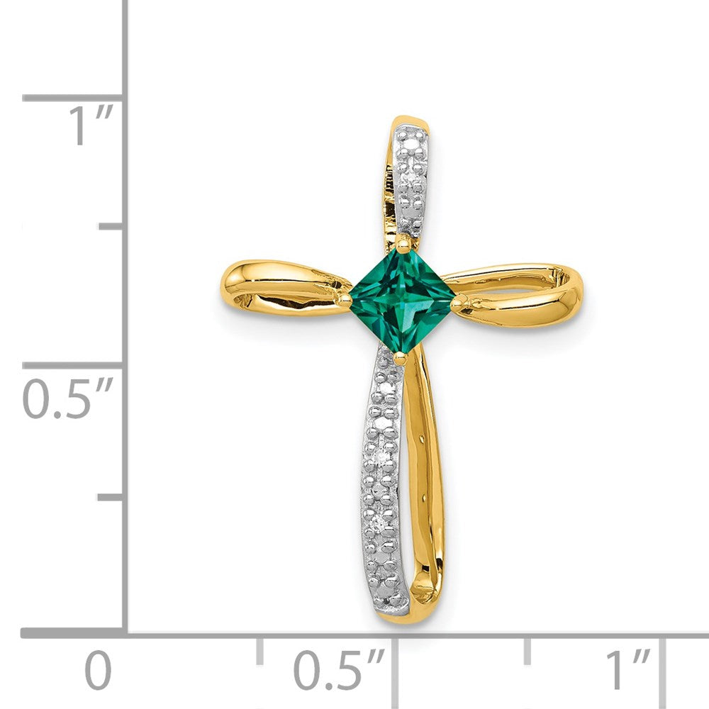 14k Yellow Gold w/Rhodium Lab Created Emerald and Real Diamond Cross Slide