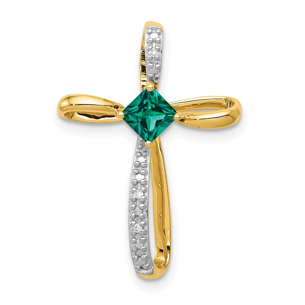 14k Yellow Gold w/Rhodium Lab Created Emerald and Real Diamond Cross Slide