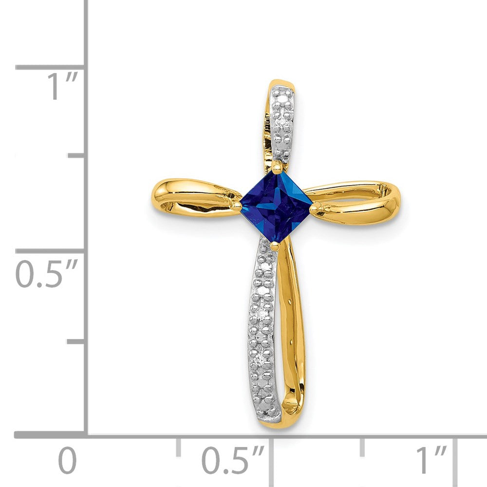 14k Yellow Gold w/Rhodium Lab Created Sapphire and Real Diamond Cross Slide