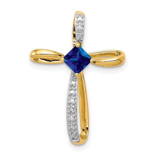 14k Yellow Gold w/Rhodium Lab Created Sapphire and Real Diamond Cross Slide