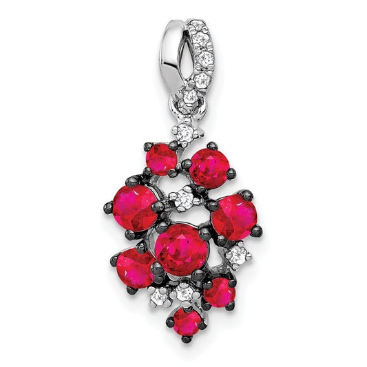 14k White Gold 1/15ct. Real Diamond and Ruby Cluster Pendant