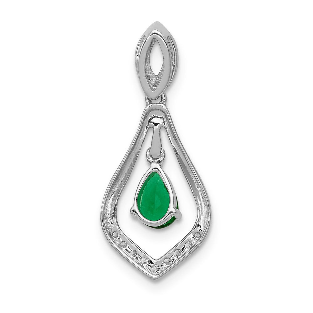 14k White Gold Real Diamond and Teardrop Emerald Dangle Pendant