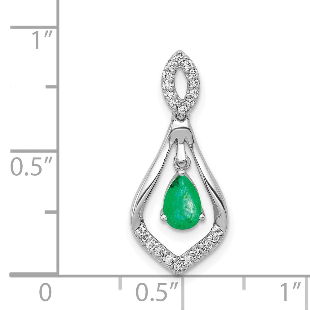 14k White Gold Real Diamond and Teardrop Emerald Dangle Pendant