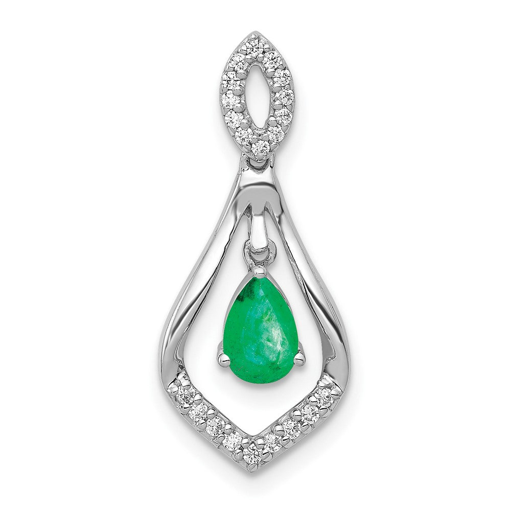 14k White Gold Real Diamond and Teardrop Emerald Dangle Pendant