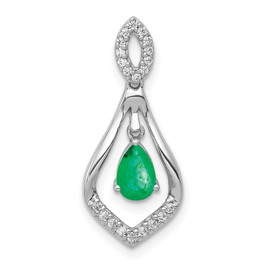 14k White Gold Real Diamond and Teardrop Emerald Dangle Pendant