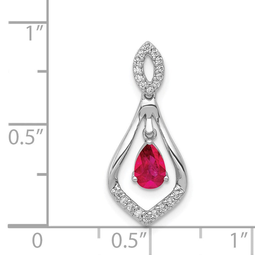 14k White Gold Real Diamond and Ruby Teardrop Dangle Pendant