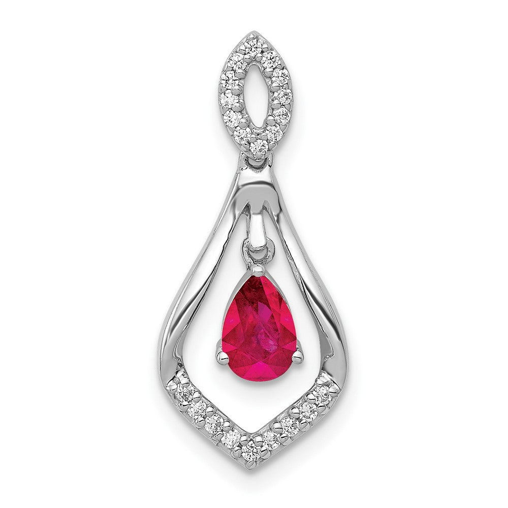 14k White Gold Real Diamond and Ruby Teardrop Dangle Pendant