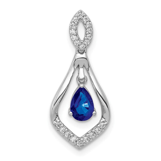 14k White Gold Real Diamond and Sapphire Teardrop Dangle Pendant