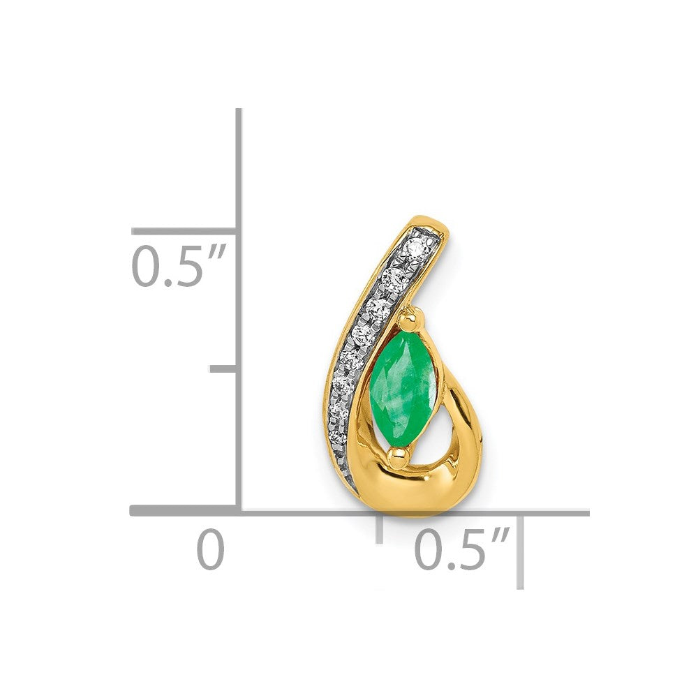 14K Yellow Gold Teardrop Real Diamond and Emerald Pendant