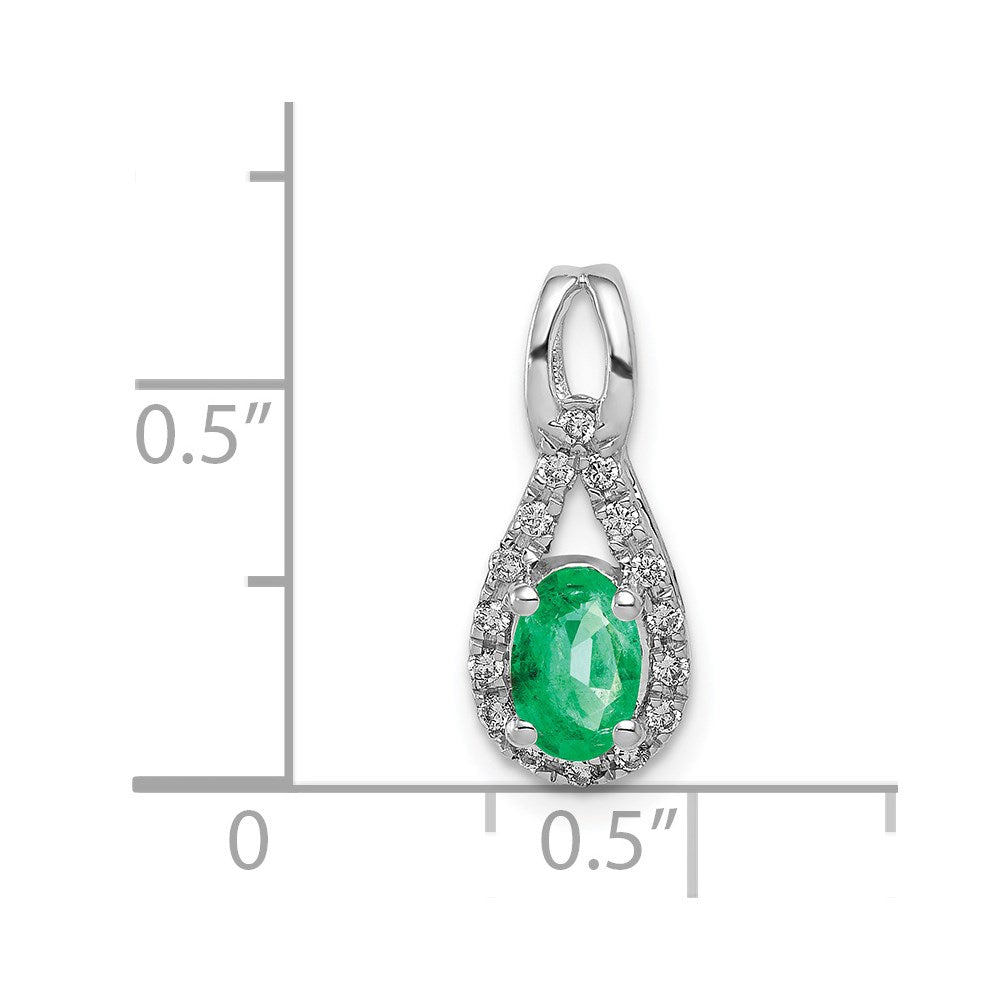 14k White Gold Teardrop Real Diamond and Oval Emerald Pendant