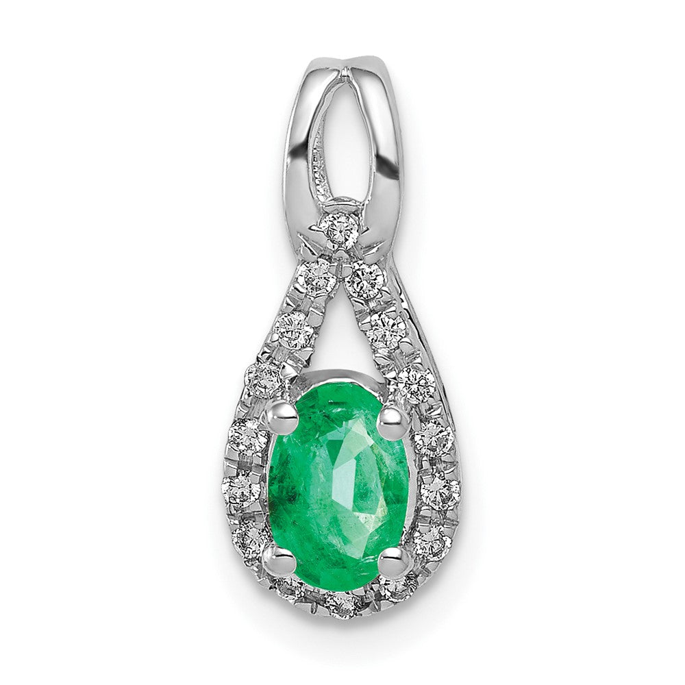 14k White Gold Teardrop Real Diamond and Oval Emerald Pendant