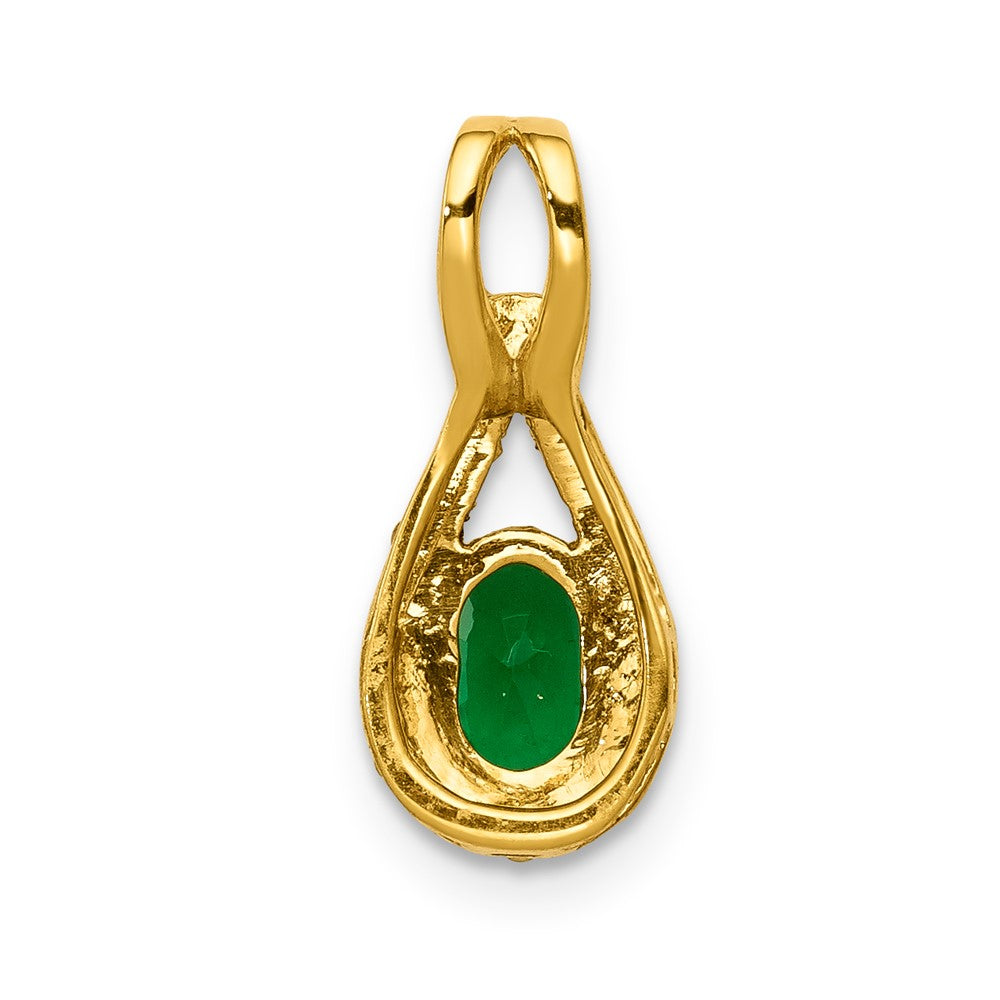 14K Yellow Gold Teardrop Real Diamond and Oval Emerald Pendant