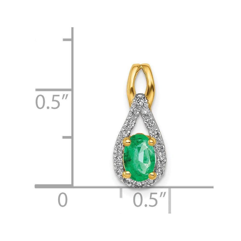 14K Yellow Gold Teardrop Real Diamond and Oval Emerald Pendant