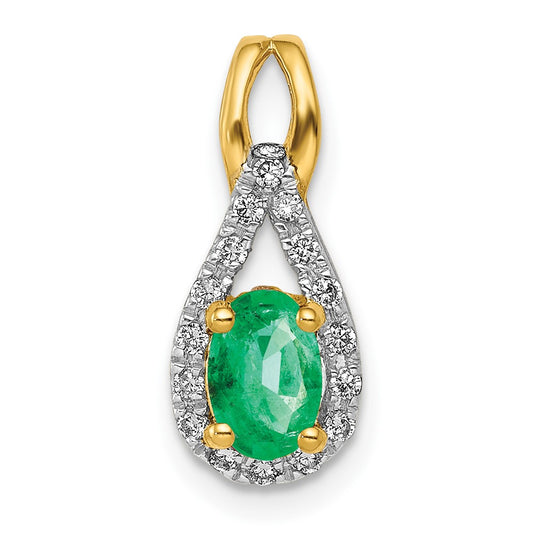 14K Yellow Gold Teardrop Real Diamond and Oval Emerald Pendant