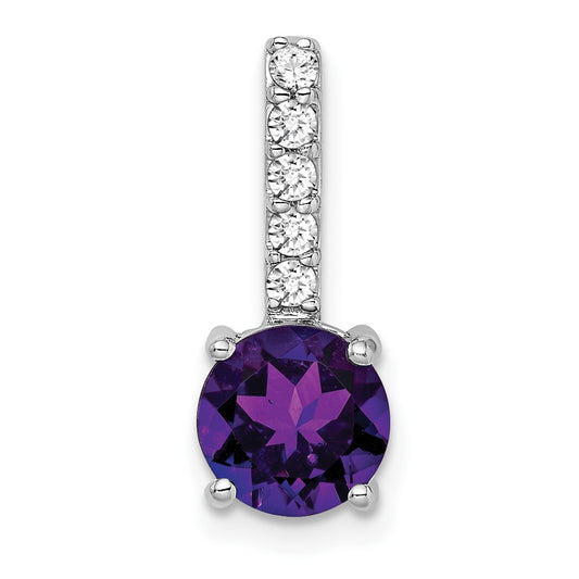 14k White Gold Round Amethyst and Real Diamond Pendant