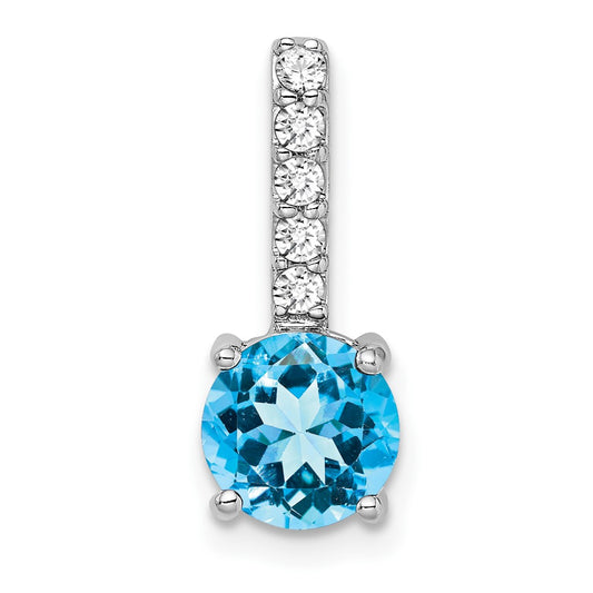 14k White Gold Round Blue Topaz and Real Diamond Pendant