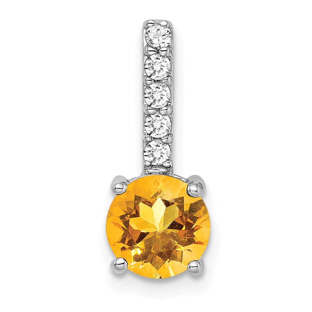 14k White Gold Round Citrine and Real Diamond Pendant