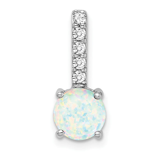 14k White Gold Round Created Opal and Real Diamond Pendant