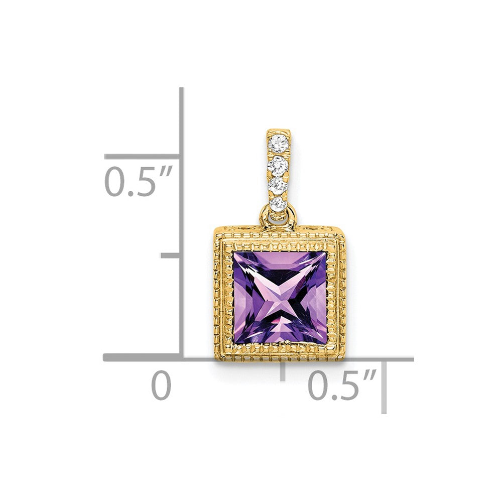 14K Yellow Gold Square Amethyst and Real Diamond Pendant