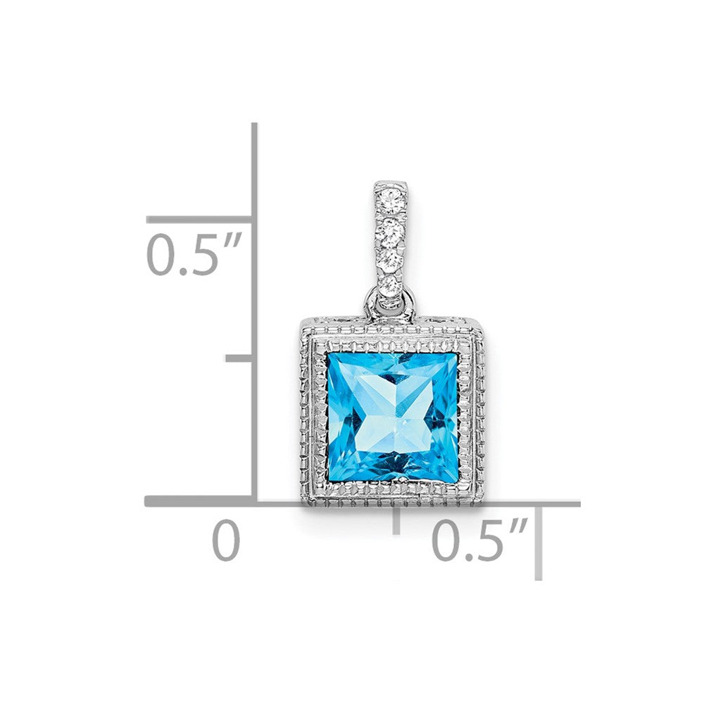 14k White Gold Square Blue Topaz and Real Diamond Pendant