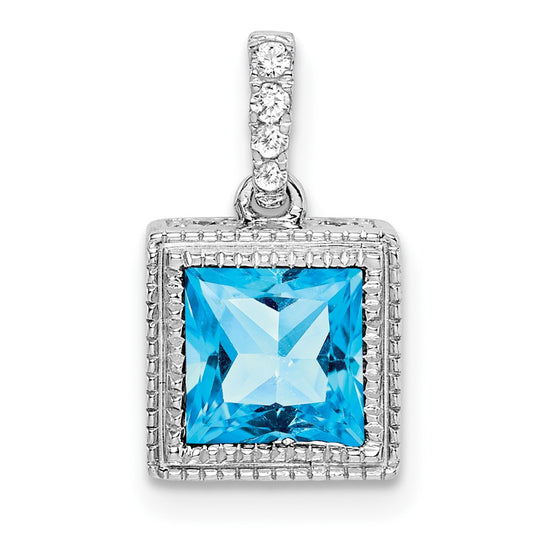 14k White Gold Square Blue Topaz and Real Diamond Pendant