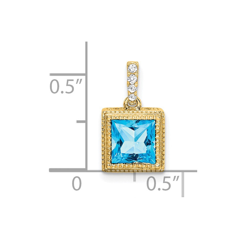 14K Yellow Gold Square Blue Topaz and Real Diamond Pendant