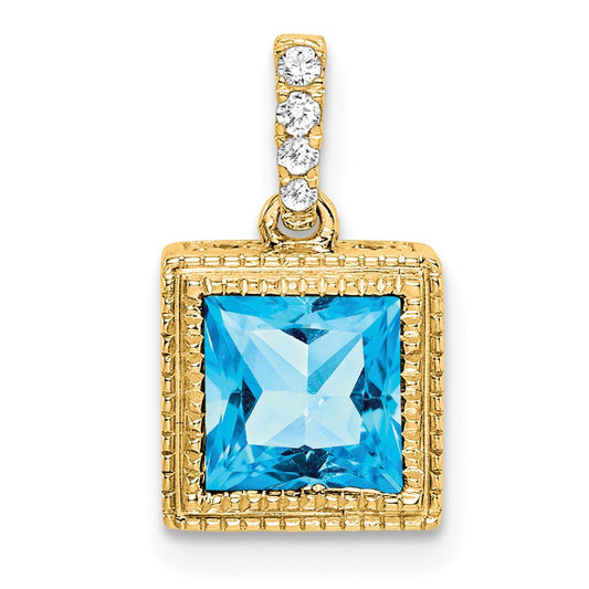 14K Yellow Gold Square Blue Topaz and Real Diamond Pendant