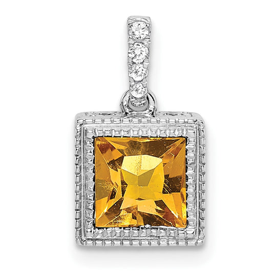 14k White Gold Square Citrine and Real Diamond Pendant