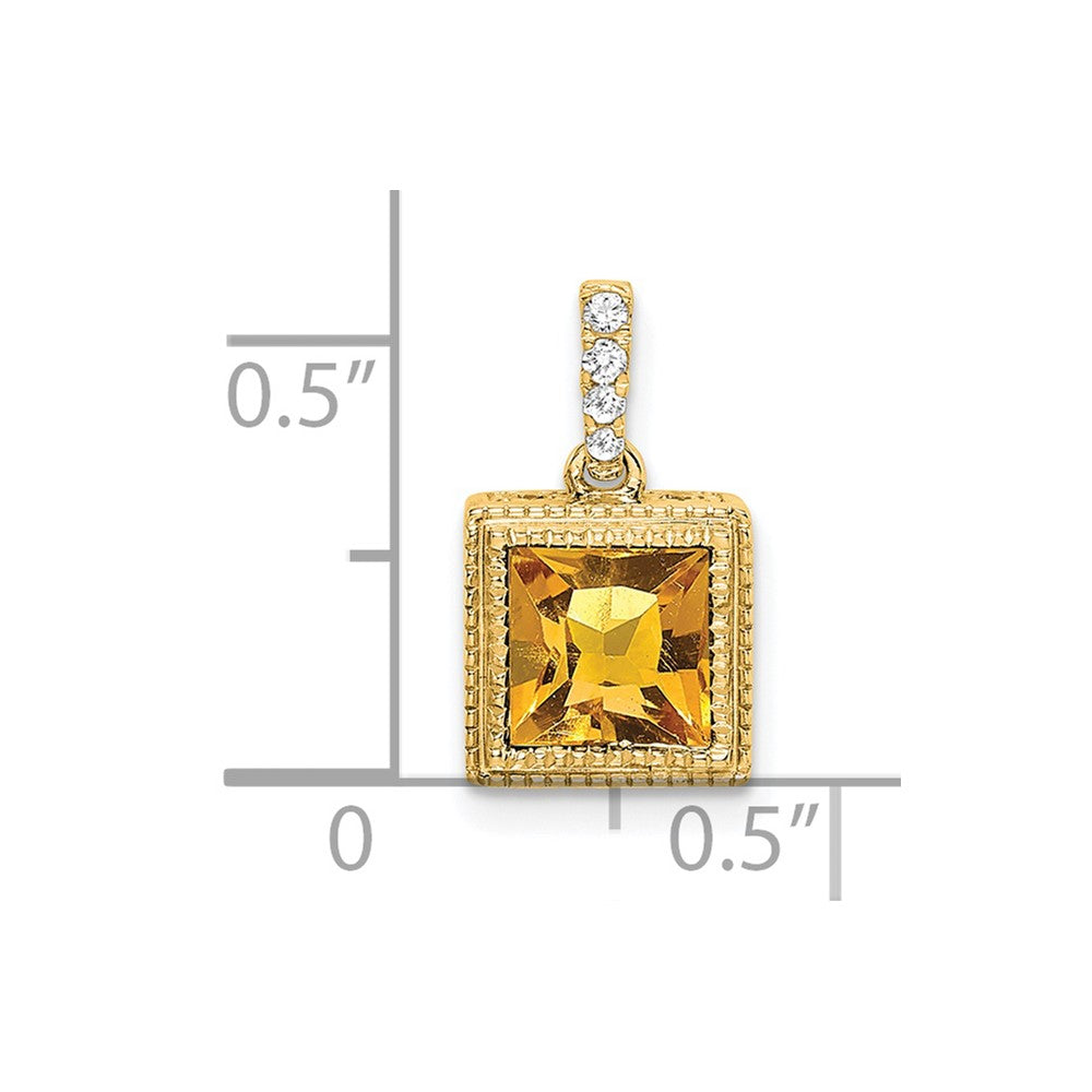 14K Yellow Gold Square Citrine and Real Diamond Pendant