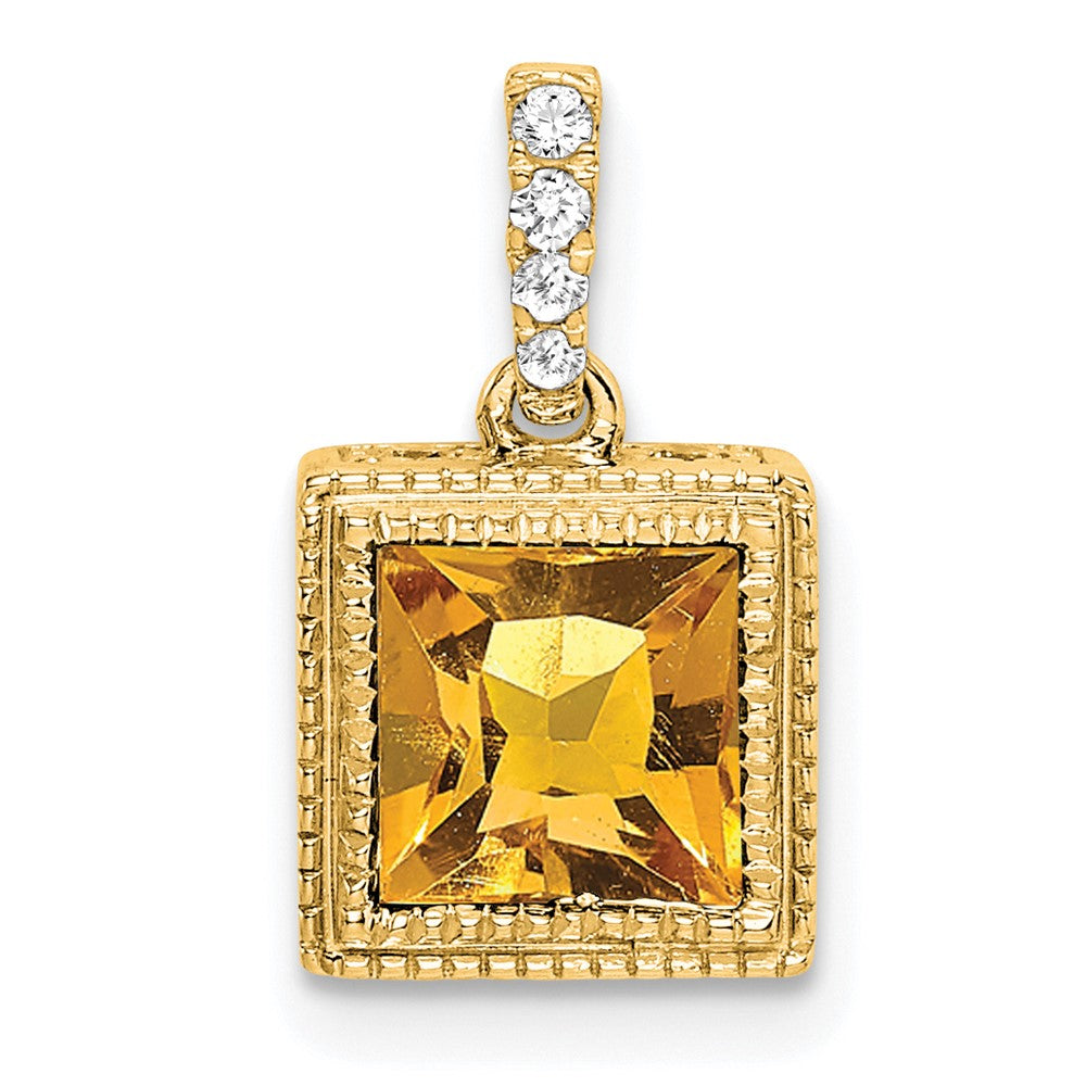 14K Yellow Gold Square Citrine and Real Diamond Pendant