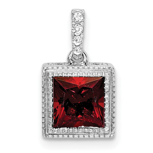 14k White Gold Square Garnet and Real Diamond Pendant