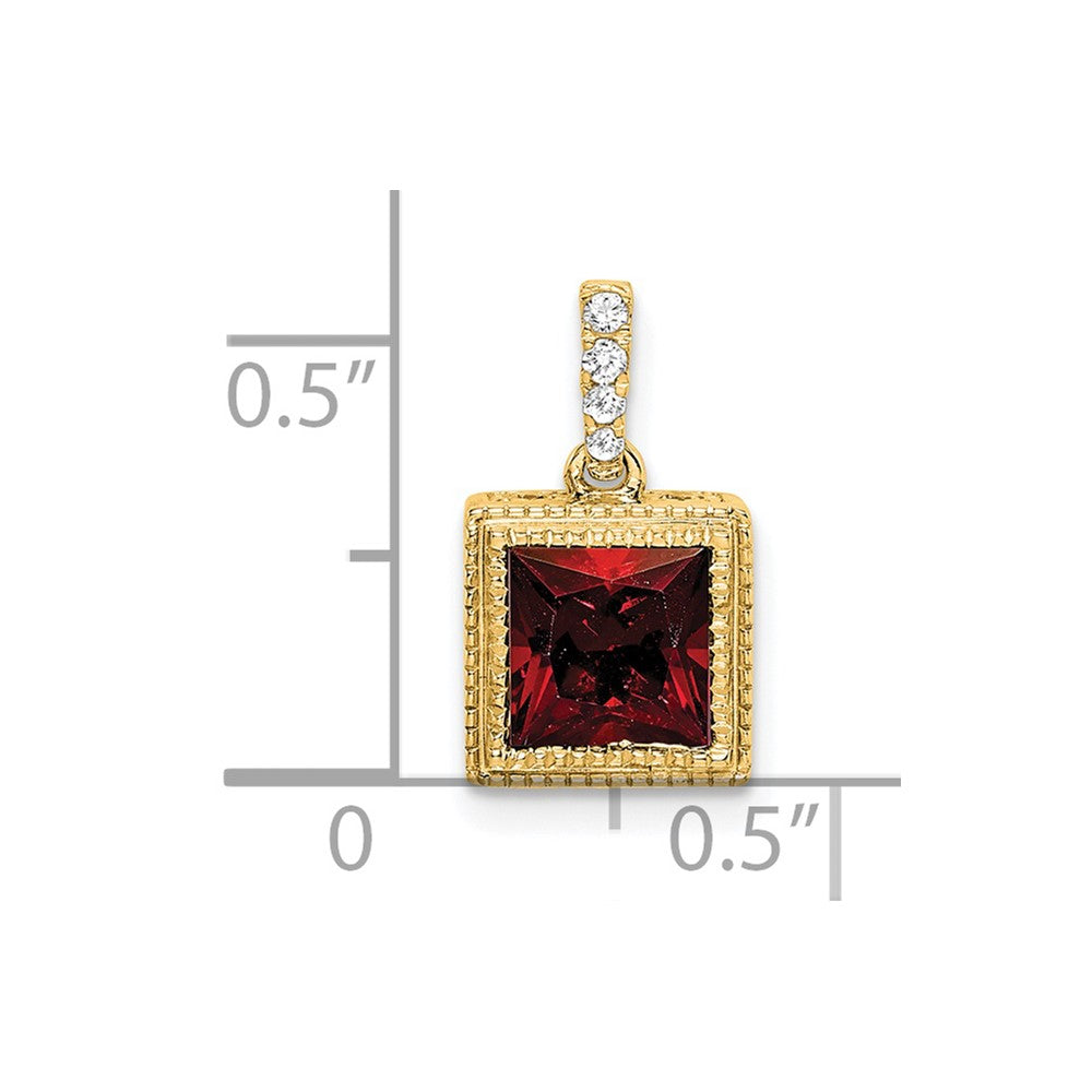 14K Yellow Gold Square Garnet and Real Diamond Pendant