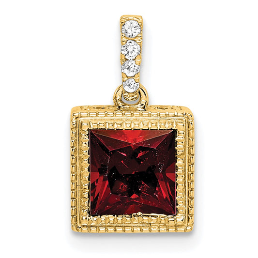 14K Yellow Gold Square Garnet and Real Diamond Pendant