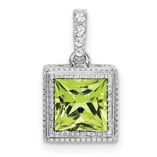 14k White Gold Square Peridot and Real Diamond Pendant